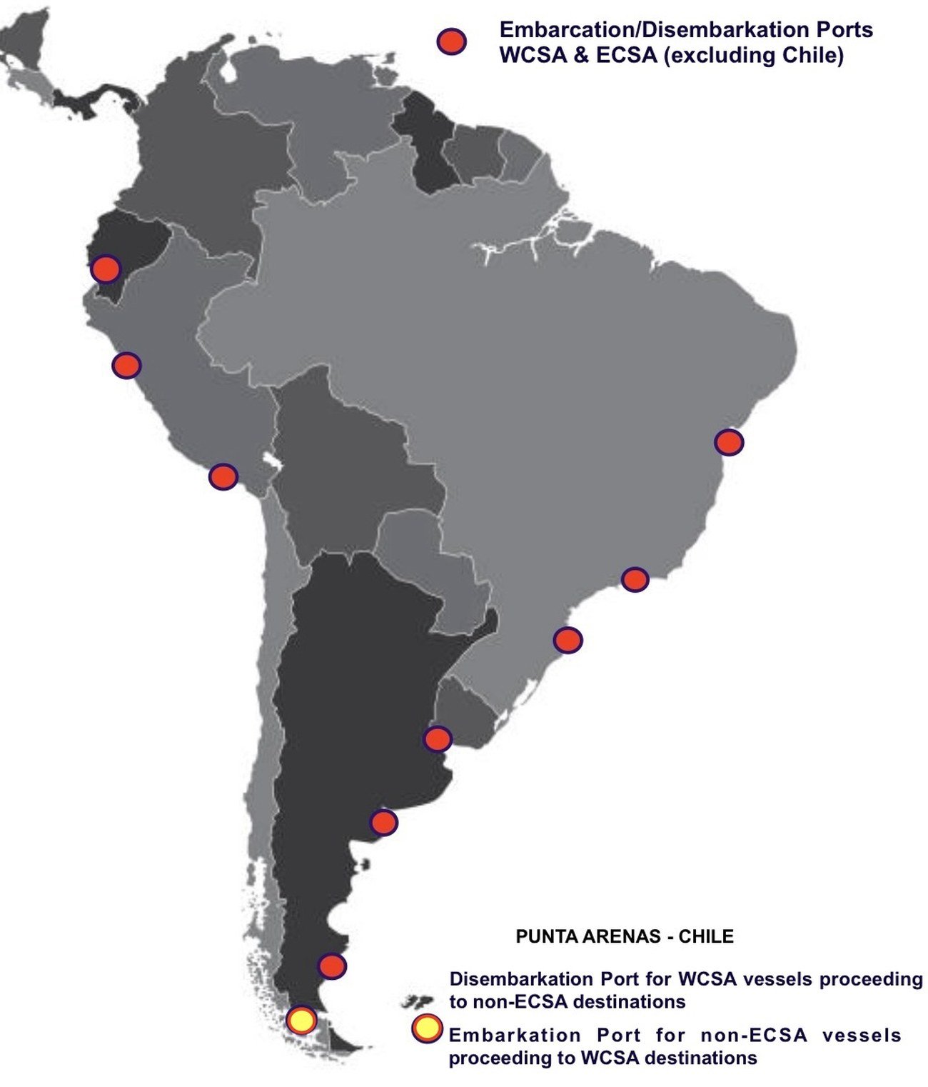 Map of embarkation and disembarkation ports for pilots, with Punta Arenas as the key port