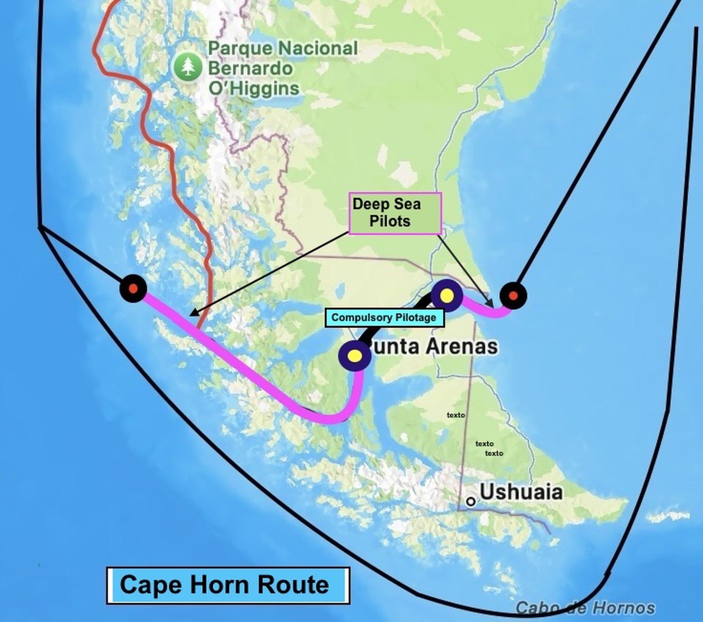 Map comparing the Cape Horn route with the Strait of Magellan Deep Sea Pilot route